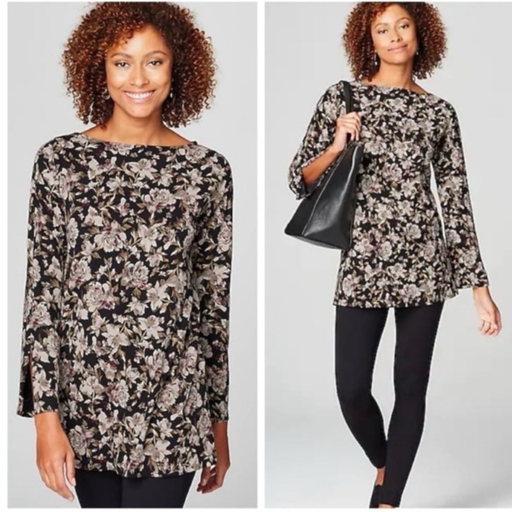 J JILL Luxe Supima Cotton Boho Black Floral Longlined Tunic Top